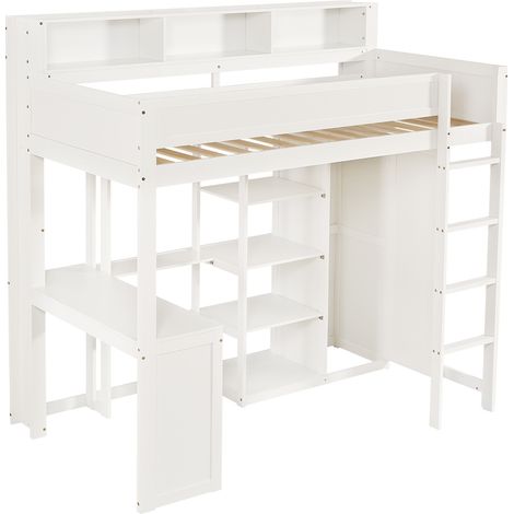 Lits superposés avec bureau et armoire intégrée, lit enfant 90x200 cm blanc en pin, MDF et contreplaqué sans matelas (1/5)