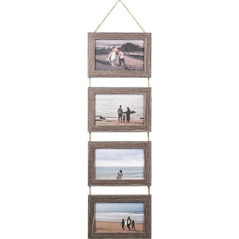 Cadres photo multiples 15 x 10 cm avec ficelle, 4 cadres horizontaux à accrocher au mur intégrés pour décorer la maison, le salon ou le bureau (gris vieilli) (1/5)
