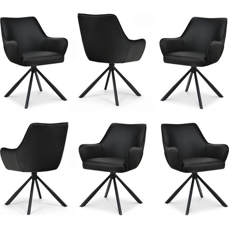 Bon Furni Fauteuils de Salle à Manger Pivotants en similicuir noir, Pieds Métal Noir, Lot de 6 (1/5)