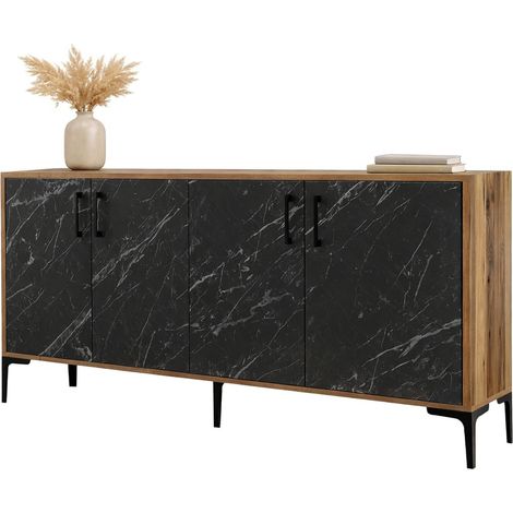 Sideboard Sinopoli, Anrichte 2 Ablagen, 4 Türen, 4 Fächer, 160x35x78h cm Schwarz Marmor