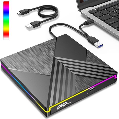 Lecteur DVD CD Externe, USB 3.0 Graveur DVD CD Externe, RGB Lecteur CD DVD Externe pour PC, Optique Portable CD DVD -/+RW Drive pour Laptop Desktops MacBook Mac OS Windows 11/10/8/7/XP Linux Vista (1/5)