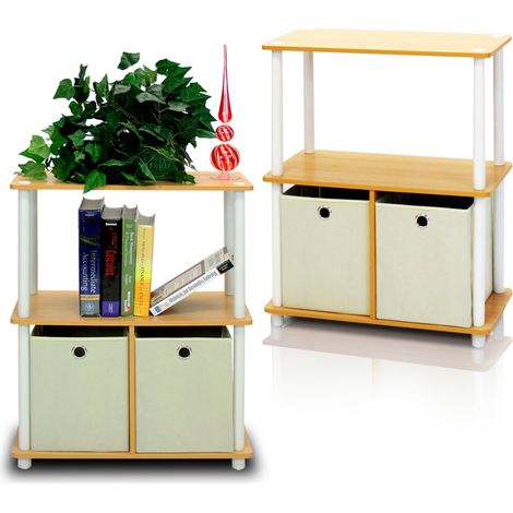 Ensemble d’étagères de rangement, lot de 2, étagère à livres sans outil à 3 niveaux avec bacs de rangement, pour organisation et rangement, salon, garage, bureau à domicile, Hêtre (1/5)