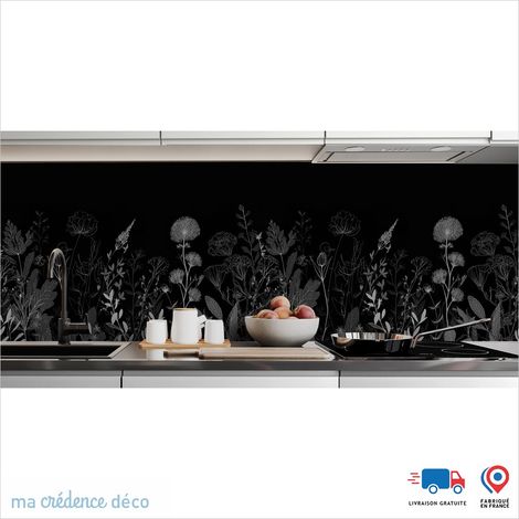 Crédence : Dessin et fleurs sauvages noires 6 - Couleur Gris platine - Alu composite - 60 - 120 (1/3)