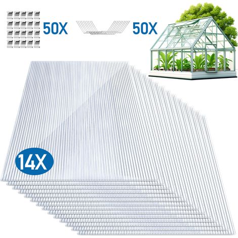 Jiubiaz 14 Pcs Doppelstegplatte Hohlkammerstegplatten 60,5 x 121 cm 4mm UV-beständig Für Gewächshaus Gartenbau Carports transparente Mit Gewächshausklammern (1/5)