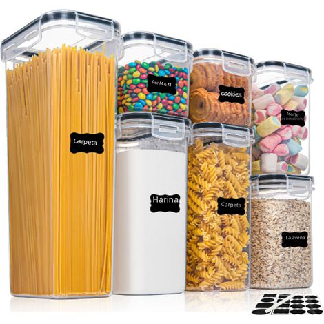 Set mit 7 BPA-freien, luftdichten Kunststoff-Lebensmittelbehältern inklusive 10 Aufklebern und Bleistift, Küchenaufbewahrungsbox (1/5)
