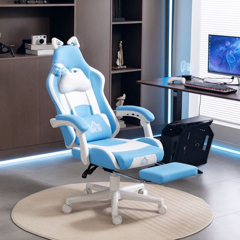 Similicuir, inclinable, repose-pieds, soutien lombaire et cervical  Fauteuil de jeu ergonomique oreilles chat bleu clair
