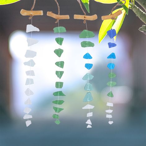 [Campanilla de viento de pared] Hecha con 4 piezas de vidrio y madera flotante, arenada, hecha a mano para decoración de jardín, terraza, interiores y exteriores. (1/5)