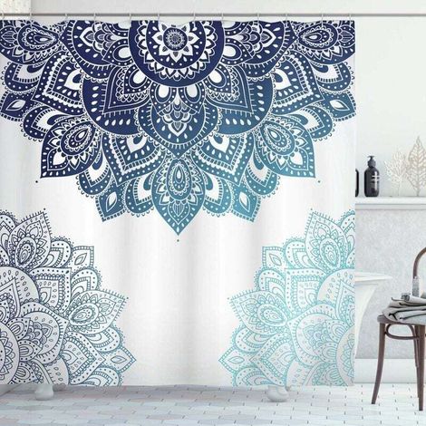 Shower Curtain, Vibrant Colorful Mandala, Fabric Bathroom Decor Set with Hooks, 180x200 cm, Light Blue Dark Blue (1/4)