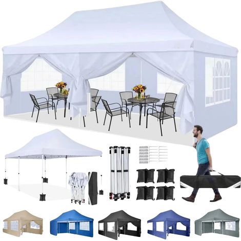 Gazebo, Tissu Imperméable, Hauteur Réglable, Blanc (1/2)