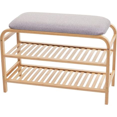Banc étagère à chaussures assise rembourrée avec deux niveaux bambou 50x70x30cm BAN04049