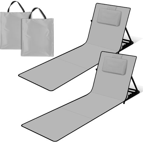 Wolketon 2x Strandmatte mit Rückenlehne Gepolstert klappbar UV-beständig Tasche Reißverschluss Kissen Tragegurt Garten Camping Picknick Liegematte 145 x 47cm, Grau