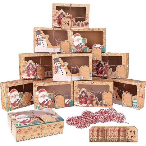 Lot de 24 boîtes cadeaux de Noël en papier kraft avec fenêtre et ficelle, pour emballer des cadeaux, des bonbons, des chocolats, des biscuits et des aliments pour la décoration de Noël (22 x 15 x 7 cm (1/5)