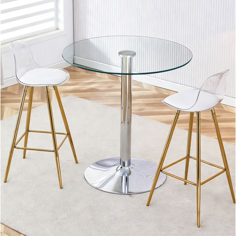 Ensemble table haute ronde en verre Ø89 cm et 2 tabourets pieds dorés HAVRYA (1/5)