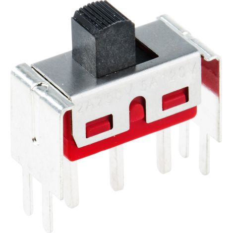Commutateur à glissière, Unipolaire à deux directions (1RT), Verrouillable, 5A / 28Vdc, montage Circuit imprimé ( Prix pour 1 ) (1/2)
