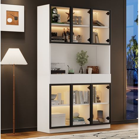 Hohe Vitrine 120 x 36 x 200 cm mit LED, 6 Türen, 3 Schubladen, weiß mit schwarzem Rahmen HAVRYA (1/5)