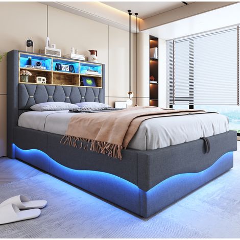 Cama tapizada moderna 140x200 cm gris de metal con cabecero, LED APP/mando, USB y arcón hidráulico