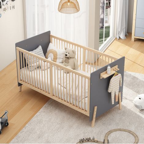 Lit bebe 70x140 cm en bois, reglable sur 3 hauteurs, transformable en lit cododo ou banquette bleu-gris (1/5)