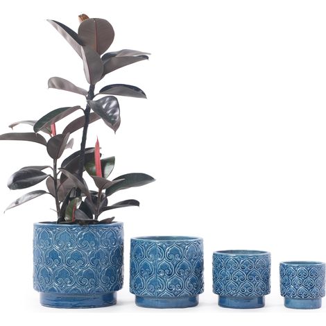 Lot 4 pots en céramique Ø38/31,5/24/19 cm, émail bleu brillant, motif cœur floral, pour intérieur, balcon, jardin & terrasse (1/5)