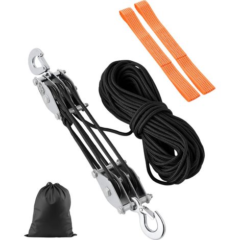 Palan à Poulie à Corde 30,48 m, Résistance à la Rupture 2 T, Système de Poulie avec 2 Boucles Souples, Rapport de Levage 5:1, Structure de Roulement à Roues en Métal, pour Soulever Objets Lourds (1/5)