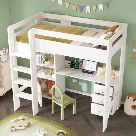 Cama alta infantil de 90×200 cm, con mesa y mueble de almacenaje, interfaz USB/Tipo C, colchón no incluido, MDF, blanco (1/5)