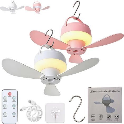 Lot de 2 Ventilateurs Suspendus Rechargeables avec Lumière LED et Télécommande,Rose et blanc (1/5)