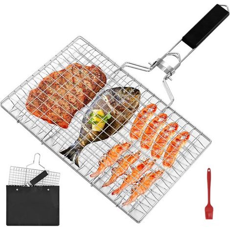 Panier grill pour poisson en acier inoxydable, pliable et portable, avec sac de rangement et brosse, pour poisson, légumes, crevettes et viande, barbecue, pique-nique et camping (1/5)