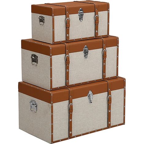 Baule in legno di abete e MDF - Rivestimento in similpelle e tessuto - 3 misure - Marrone e tortora - Lotto di 3 - JACINTO (1/5)