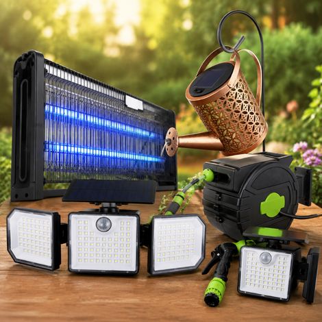 Set da giardino con avvolgitubo automatico (4 pezzi) - Avvolgitubo, lampada solare, lampada a 167 LED e insetticida. (1/5)