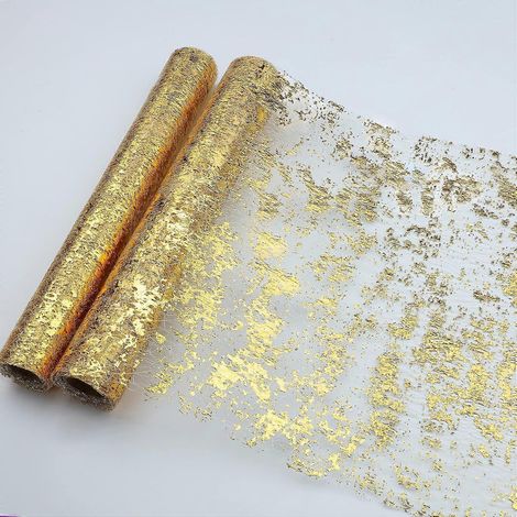 Lot de 2 chemins de table dorés, à paillettes et métallisé doré, en maille fine, 28 x 274 cm, décorations de table dorées pour événements, fêtes, mariages, etc. (1/4)