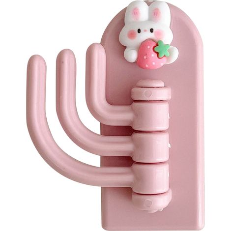 Lot de 2 crochets muraux adhésifs mignons lapin fraise rose, décoration murale animale pour chambre d'enfant dortoir (1/5)
