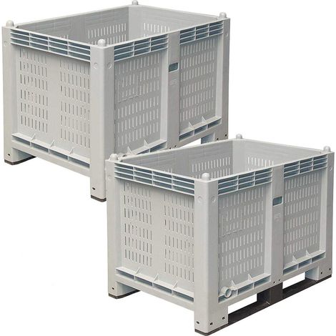 BRB SPAR-SET, 2x Palettenbox mit 2 Kufen, LxBxH 1200x800x850 mm, grau, Wände durchbrochen/Boden geschlossen