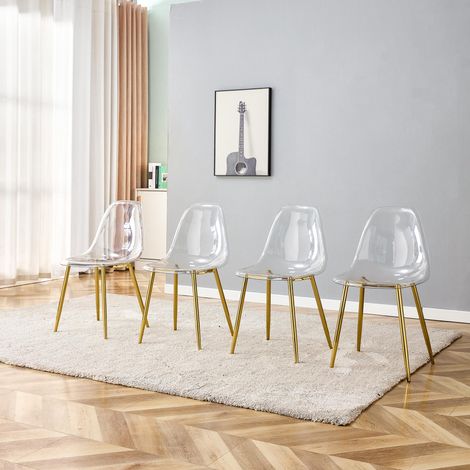 Ensemble de 4 chaises de salle à manger en plastique transparent. Pieds en métal doré, bureaux, modernes