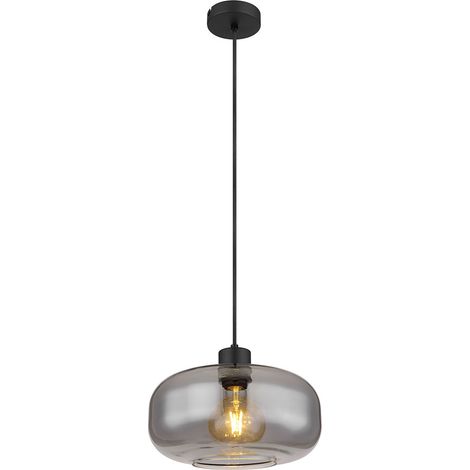 LED Hängelampe Pendellampe Esstischleuchte Rauchglas Wohnzimmer rund schwarz, Metall Retro, 1x E27 Filament LED warmweiß, DxH 28x120 cm