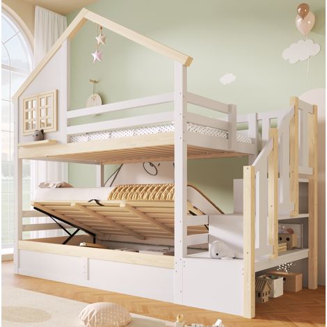 Cama litera 90x200 cm, blanco/natural, de pino y MDF, con barreras de seguridad y almacenaje hidráulico (1/5)