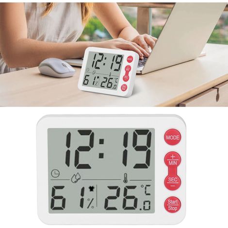 Thermomètre et hygromètre d'intérieur multifonctionnel avec grand écran numérique, horloge originale, réveil, minuteur, boîtier blanc avec boutons rouges (1/5)