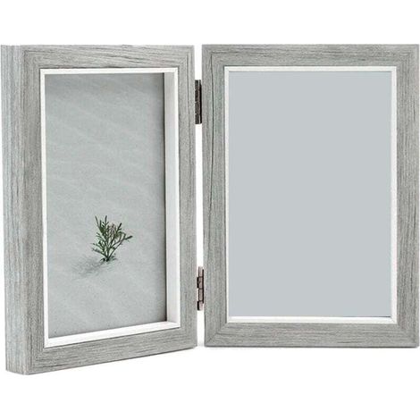 Cadre Photo Double 4X6 Pouces Bois Rustique Gris Articulé Cadeau Mariage Fête des Mères Pères