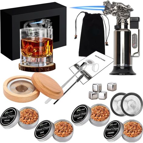 Kit de Fumoir Cocktail avec Torche, Kit Cocktail Smoker avec 4 Copeaux Bois et Touilleur Cocktail, Glace Carbonique pour Cocktail Accessoires pour Whisky, Boissons, Bourbon, Café, Fromage, Viandes
