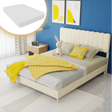 Bett modern gepolstert in Beige 140x200 cm mit hohem Kopfteil und Matratze inklusive