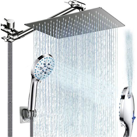 Shower head with integrated 8-inch high-pressure hand shower, 2 electric wash modes, chrome-plated stainless steel shower head with 11-inch height/angle adjustable extension arm (1/5)