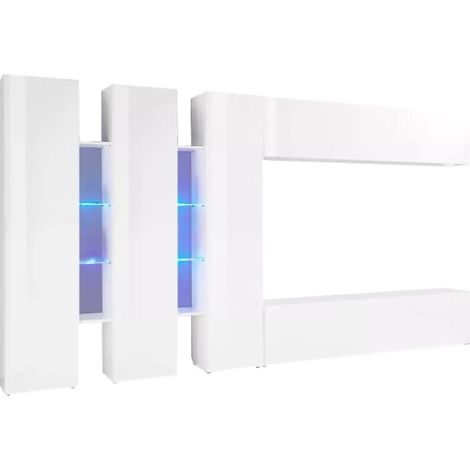 Dmora - Meuble Mural Dattard, Ensemble de salon Meuble TV avec 5 portes, Meuble de salon polyvalent, 100% Made in Italy, cm 340x30h180, Blanc brillant (1/5)