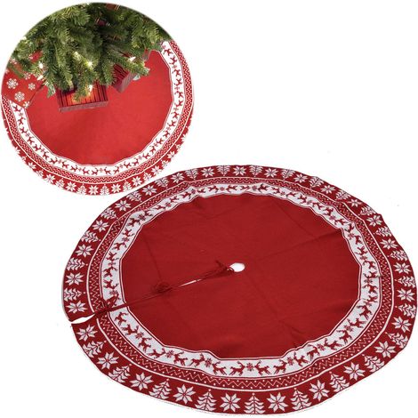 Weihnachtsdekoration, gestrickte Acryl-Weihnachtsbaumdecke mit Schneeflockenmuster, Baumfußdekoration, Baumschürze, rot. (1/5)