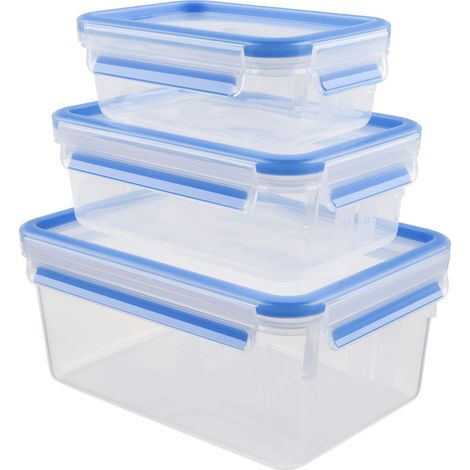 Emsa Clip & Close 017032508566 Contenitore Salvafreschezza, Set 3 Pezzi, Plastica, Trasparente/Blu, 0.55 l, 1 l e 2.3 l (1/5)