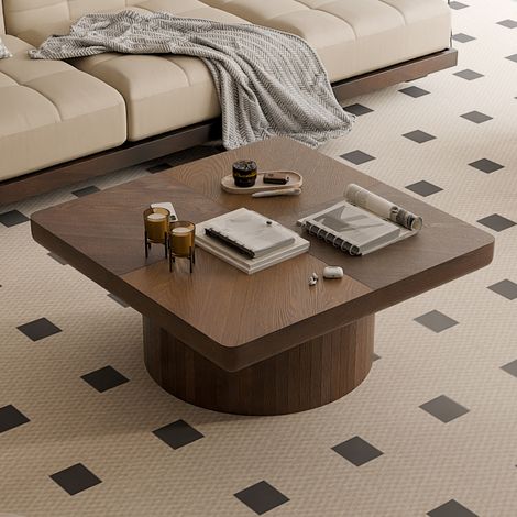 Tavolino da caffè 78x78x40 cm noce in legno massello e MDF con piano parquet e base cilindrica (1/5)