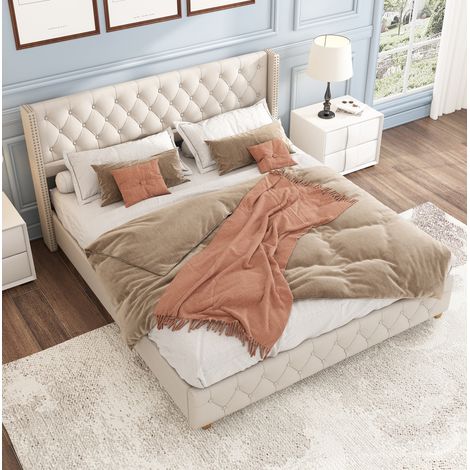 Letto matrimoniale imbottito per adulti 160 x 200 cm con testiera imbottita con bottoni e rivetti e rete a doghe, piedini in legno, lino, beige, senza materasso (1/5)