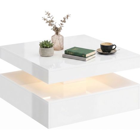 HOMCOM mesa de centro con led rgb 7 colores, mesa de café para salón de alto brillo blanco con almacenamiento abierto y mando a distancia, 78x78x40 cm