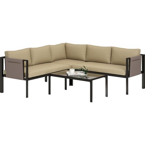 5-Seater Outdoor Garden Corner Sofa Set-4-Piece Metal Furniture with Loveseats,Glass Coffee Table,Breathable Mesh Pockets,Cushions,Khaki Color