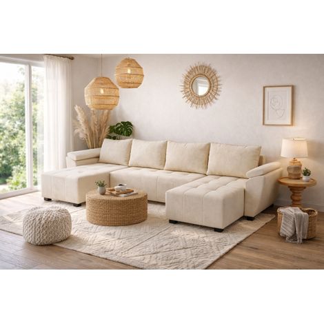 Canapé d’angle panoramique convertible ZENIA en tissu – 5 places - 330 cm - Beige (1/5)