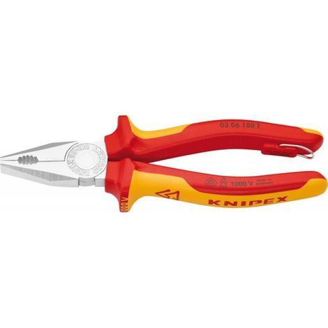 KNIPEX 03 06 180 T Pinza universale isolante con manici rivestiti in materiali multicomponenti, collaudati VDE con anello di fissaggio isolante incorporato per agganciare una protezione anticaduta cro