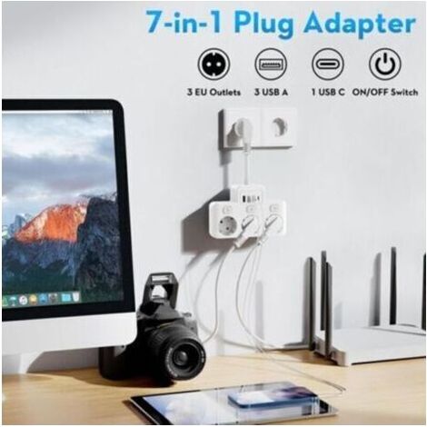 Multiprise avec Interrupteur Individuel, Multiprise Electrique 3 Prises avec 4 Ports USB, 4000W 16A avec Câble Court 5CM (1/5)