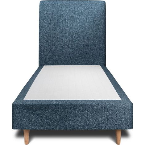 Lit 90x190cm avec tête de lit tapissier bouclette et sommier tapissier Bleu - Hauteur totale : 35cm (1/4)